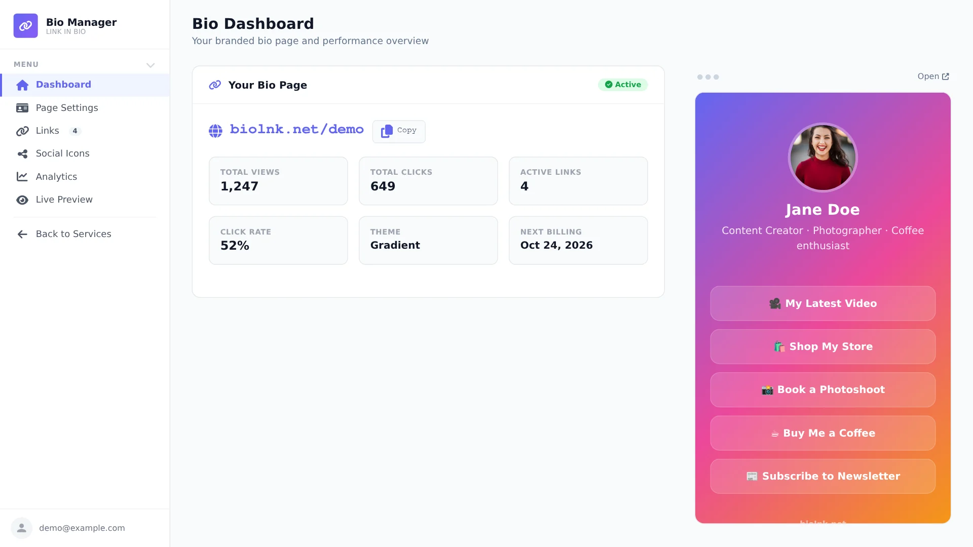 White-label Link in Bio client dashboard