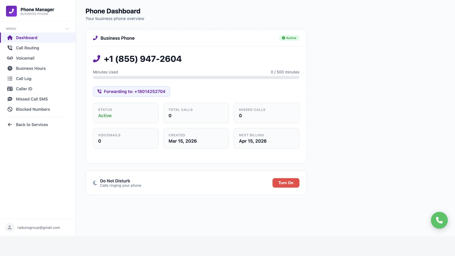 Business phone dashboard — call routing, voicemail and forwarding